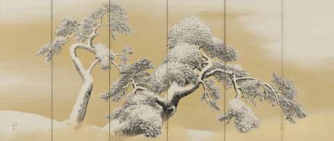 雪松図屏風(左隻)