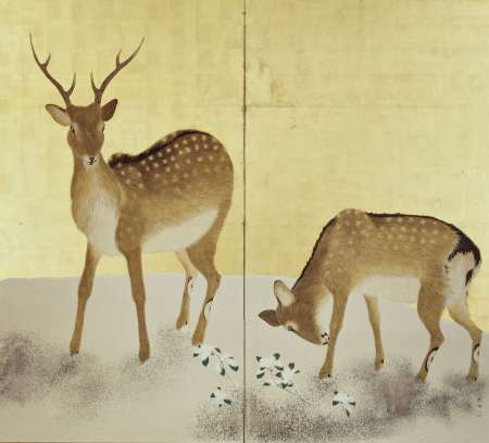 雪中松に鹿図屏風(右隻)