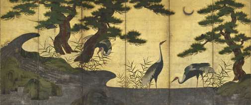 日月松鶴図屏風(左隻)